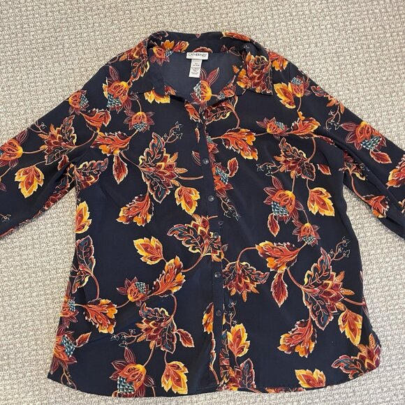 Catherines Top Womens 0x 14/16W Navy Blue Floral Button Front Lightweight Blouse - Picture 1 of 5